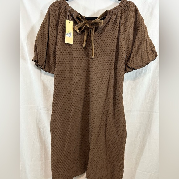 NWT Jade Gather Neck Tie Back Brown Textured‎ Dress - Brown XS - Picture 4 of 12